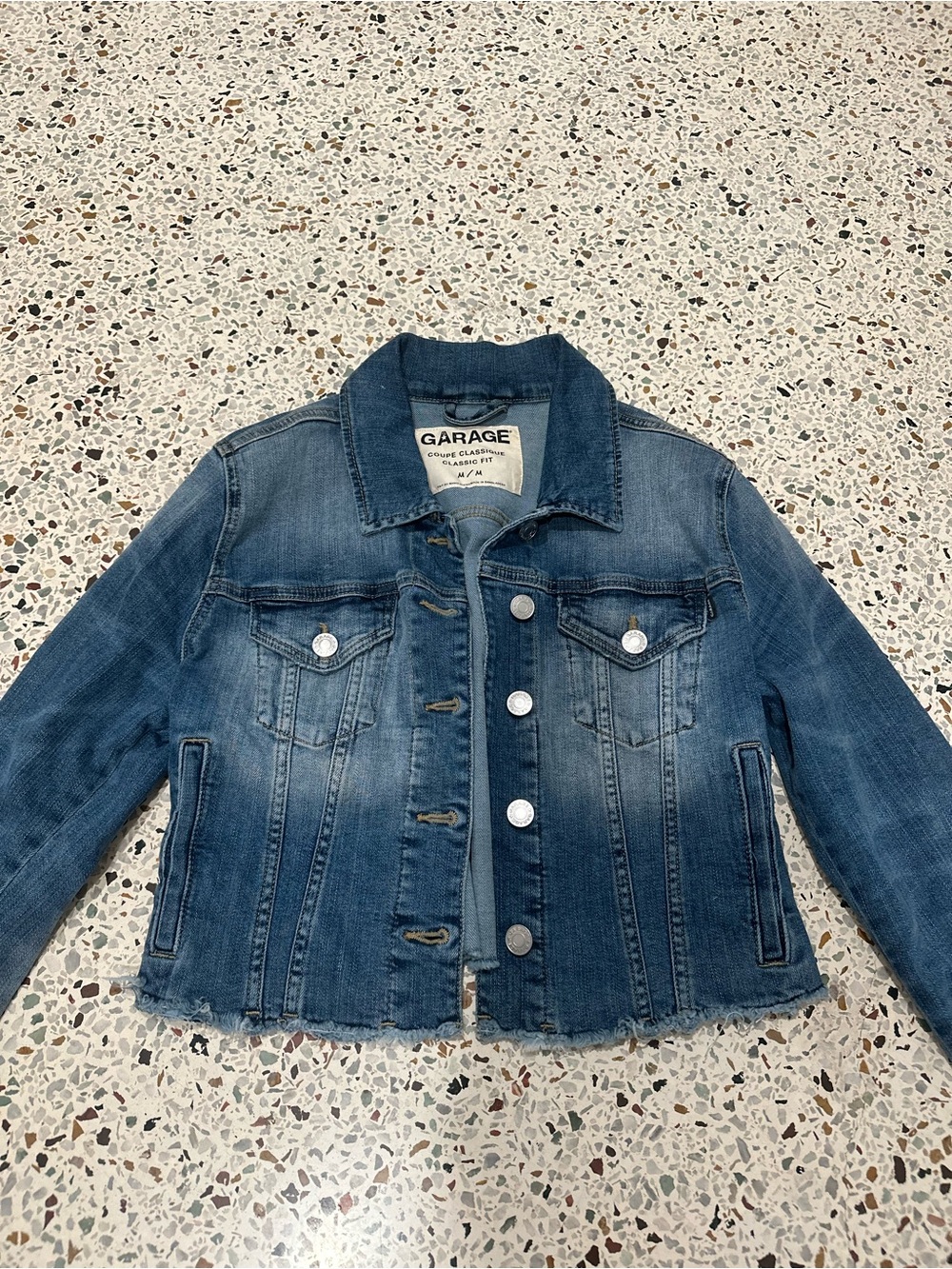 Garage Distressed Mid-Blue Cropped Denim Jacket